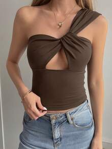 DAZY Women's Hollow Cross Strap Fitted Sexy Casual Camisole Top For Summer - Coffee Brown - View 2