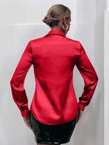 SHEIN Clasi 简约设计，前开襟纽扣宽松长袖衬衫 - 紅色 - 查看 2