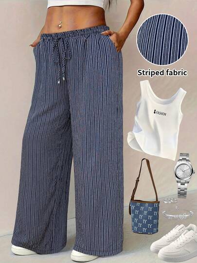 Rustia Plus Size Women's French Style Casual Elegant Striped Loose Pants Striped Pants Summer Striped Wide Leg Pants Casual Pants For Women Striped Wide Leg Wide Leg Summer Pants Striped Set Summer Pants Sets Casual Set For Women Capri Pants Set Drawstring Pants