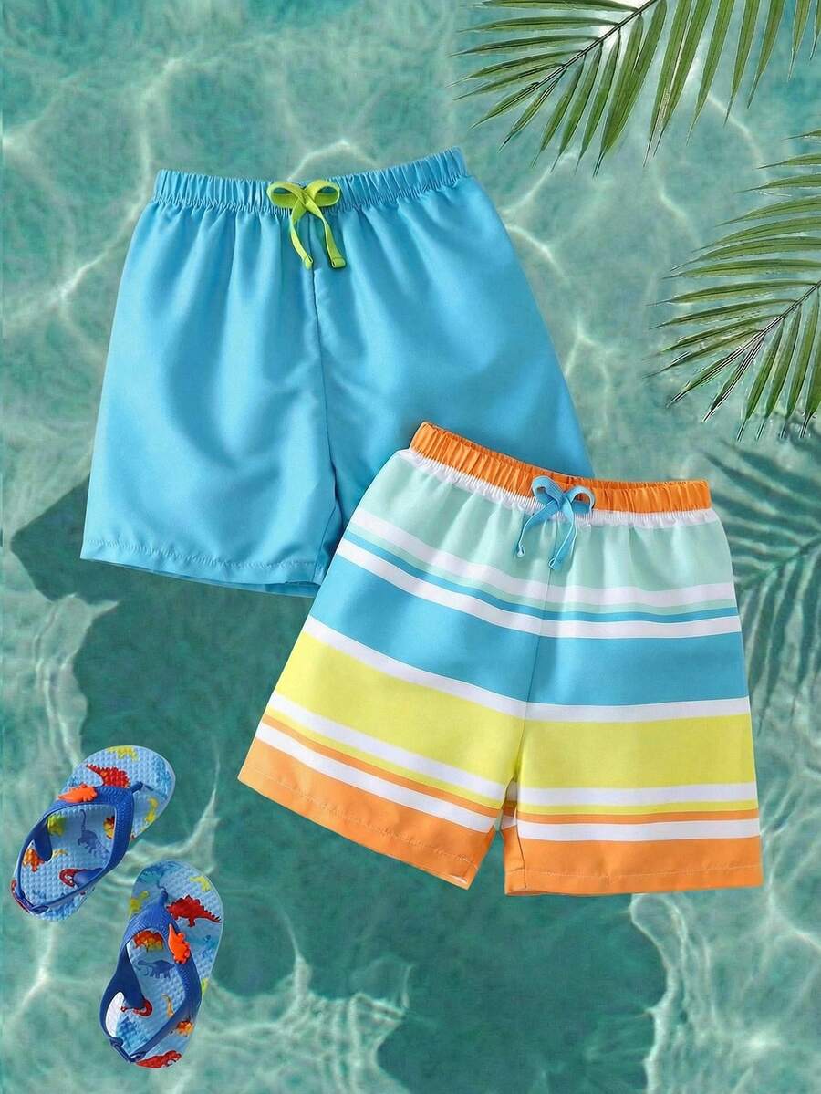 SHEIN Bộ 2 món đồ bơi nam trẻ em kẻ sọc, lưng thun, kiểu dáng thường ngày.