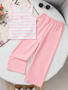 SHEIN Genkimix Kids 2pcs/Set Toddler Girls' Sleeveless Striped Heart Decor Tank Top And Wide Leg Pants, Casual And Comfortable Summer Outfit For Outdoor, Daily Wear And Playtime Pink Striped Top Kids Light Pink Pants Kids Girls Clothes Set - Pink - View 8