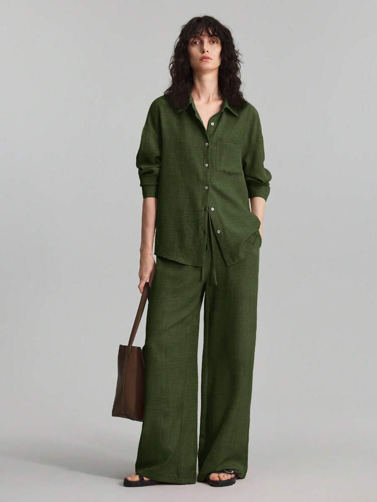 2026SS Women's 2 Pieces Outfit, Casual Home Wear Set, Beach Resort Wear Long Pants + Long Sleeve Shirt Set, Business Casual Women's Clothing, Elegant Holiday Beach Outfit, Office Wear