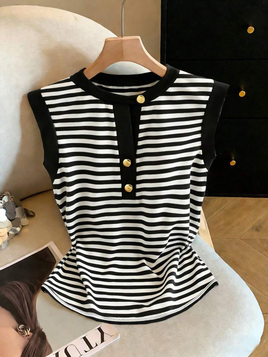 Everyssa 女士夏季休闲黑白条纹边饰无袖T恤 - 黑與白 - 查看 1