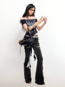 Bloopia Women's Off-Shoulder Wing Print Fashionable Ruffle Asymmetric Hem Top - Black - View 5