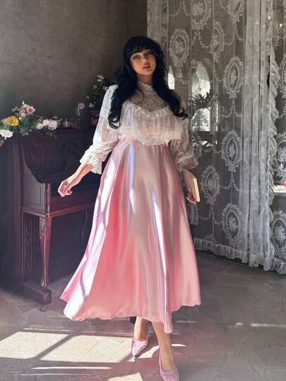 Lyrianda Spring, Summer, Autumn, Winter, Spring/Autumn, Autumn/Winter Soft, Elegant Feeling Teenage Girl Chic Rojita Long Dress, Fashionable Minimalist Versatile Pale Pink Patchwork White Lace Trim Lace Fabric Waist-Cinching Slimming Mini Dress, Casual Dress For Dates