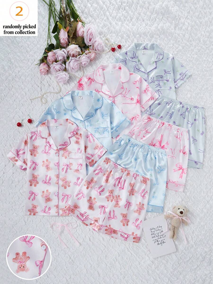 Sweet Style School Girls Pajamas, Satin Fabric With Printed Patterns, Short Sleeve Collared Cardigan Top Paired With Shorts, Comfortable Loungewear, 4 Sets Randomly Shipped As 2 Set Combinations, Suitable For Summer - Multicolor - View 1
