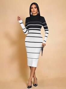 SOLERSUN 女士秋季时尚长袖条纹极简针织中长连衣裙，圆领修身毛衣裙，女士秋季连衣裙，适合日常休闲、约会、派对等场合 - 黑與白 - 查看 1
