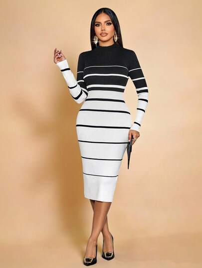 SOLERSUN 女士秋季时尚长袖条纹极简针织中长连衣裙，圆领修身毛衣裙，女士秋季连衣裙，适合日常休闲、约会、派对等场合