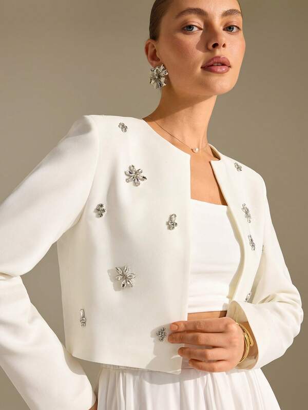 CLARA VERO White Pleated Shoulder Gold Button Blazer: Slim Fit And Structured Silhouette, Perfect For Sophisticated Office Looks Or Chic Dinner Parties, Made In Non-Elastic Double Layer Polyester Featuring Padded Shoulders And Eye-Catching Gold Button White Jacket For Women White Blazer For Women Jacket For Dress White Cardigan Woman White Suits For Woman Jacket With Embellishments Cropped White Jacket White Embellished Blazer