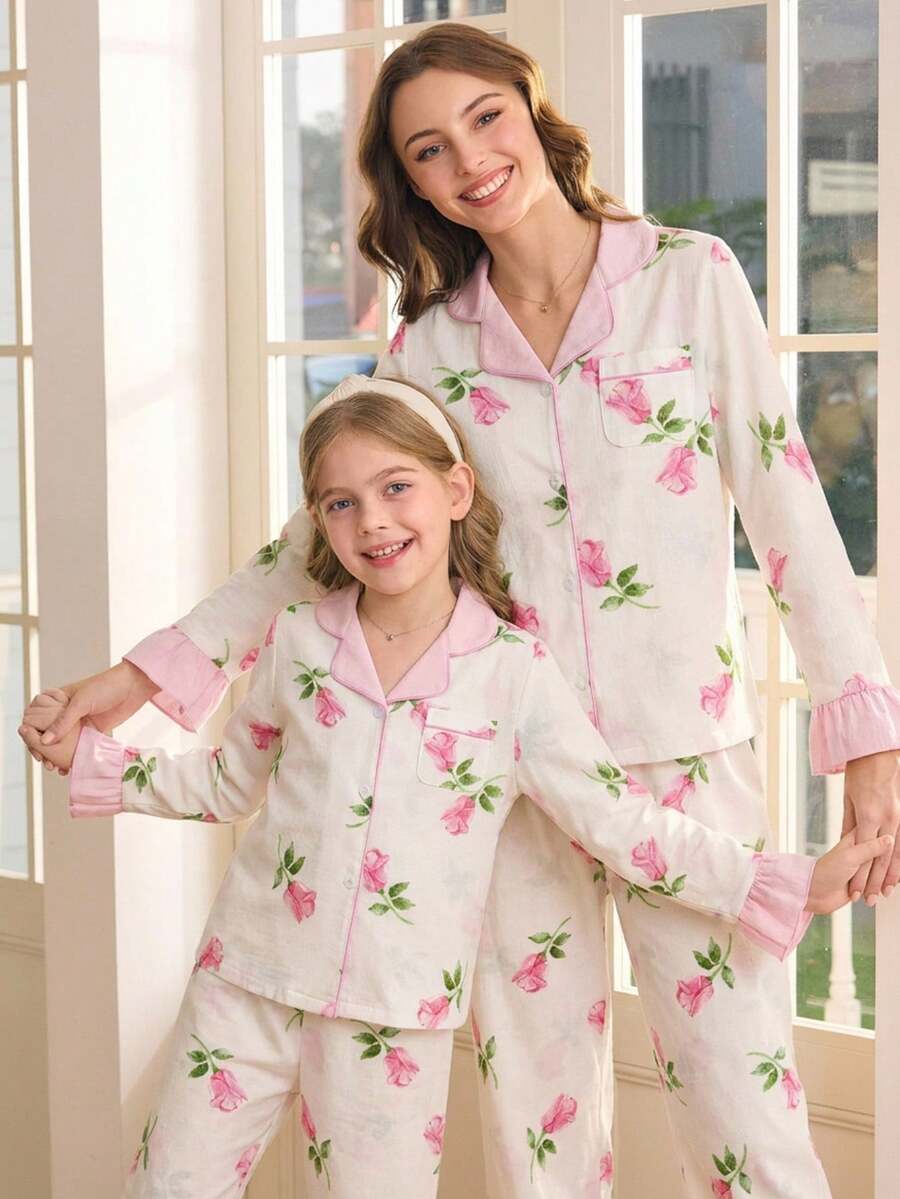 Tween Girls Matching Pajamas Pink Rose Floral Print Long Sleeve Lapel Woven Fabric Pant Sets For Mom And Daughter Casual - Multicolor - View 1