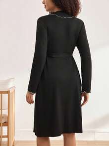 BloomMama Comfortable Ribbed Pink Long Sleeve Long Belted Robe Maternity Loungewear, Fall & Winter - Black - View 5