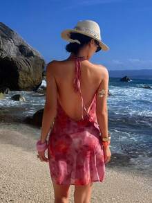 Opulessa 女士碎花垂领露背休闲迷你连衣裙 - 粉色 - 查看 5