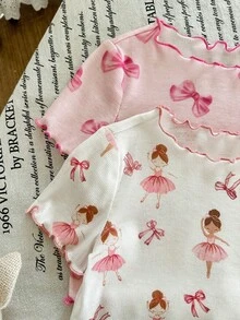 SHEIN Bộ đồ mặc nhà 4 món cho bé gái: áo thun và quần legging dệt kim họa tiết nơ dễ thương, kiểu dáng thường ngày, kèm quần legging. - Nhiều màu - Xem 6