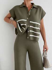 Stripe Polo Neck Sweater & Knit Pants Co-Ords - Green - View 3