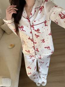 蝴蝶结波点仿丝绸女士长袖睡衣套装 - 白色 - 查看 4