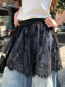 FRIFUL Women's Elastic Waist Floral Lace Fashionable Versatile Skirt - Black - View 6