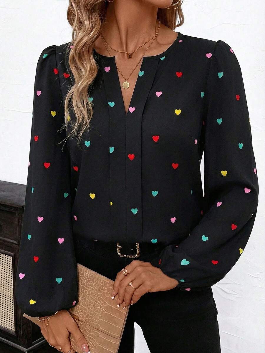 SHEIN Clasi Women's Notched Neck Heart Print Loose Long Sleeve Blouse, Elegant For Daily Wear, Commute, Date, Valentine's Day, Autumn/Winter & Early Spring Summer Tops Valentine's Day Heart-Shaped Print - Multicolor - View 1