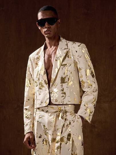 AKNOTIC Business Casual Ensemble veste de costume à col cranté doré imprimé et pantalon de costume plissé et effilé pour homme, tenue de mode pour soirée et banquet