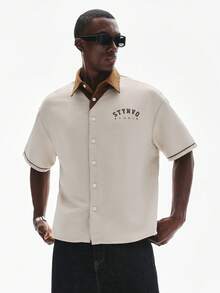 STYNVO Men's Letter Print Short Sleeve Single-Breasted Casual Shirt Men's Button Up Shirt Men's Vacation Shirt Men's Cream Beach Shirt Men's Cream Button Up Men's Beach Button Up - Apricot - View 1