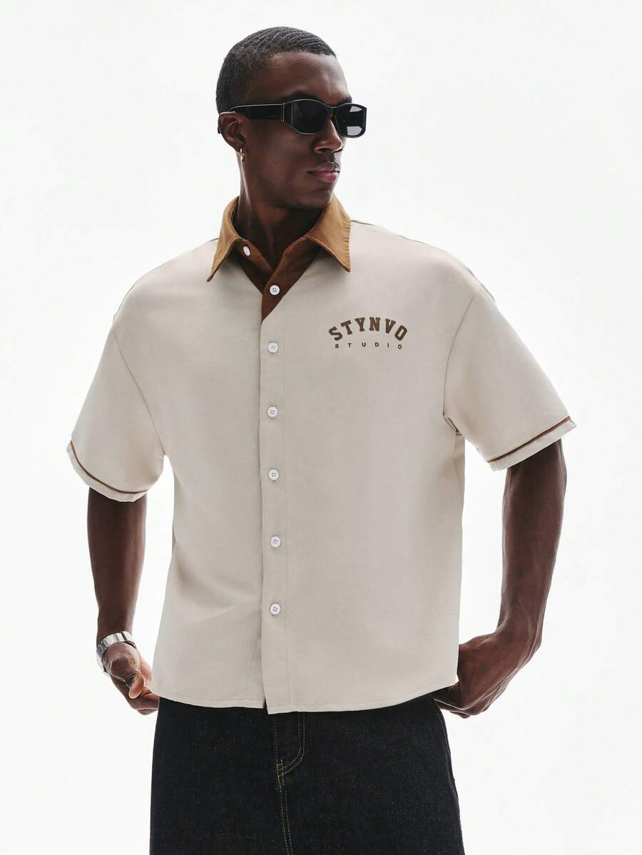 STYNVO Men's Letter Print Short Sleeve Single-Breasted Casual Shirt Men's Button Up Shirt Men's Vacation Shirt Men's Cream Beach Shirt Men's Cream Button Up Men's Beach Button Up - Apricot - View 1