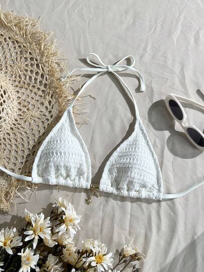 Swim Mod 1pc Cute Girl's Knitted Jacquard Halter Neck Tie Front Metal Decor Swimsuit Top, Summer Holiday White Crochet Bikini Top Triangle Bikini Top Crochet Bathing Suit Top White Bikini Top Seashell Charm Bikini  Summer Beach Vacation Outfits