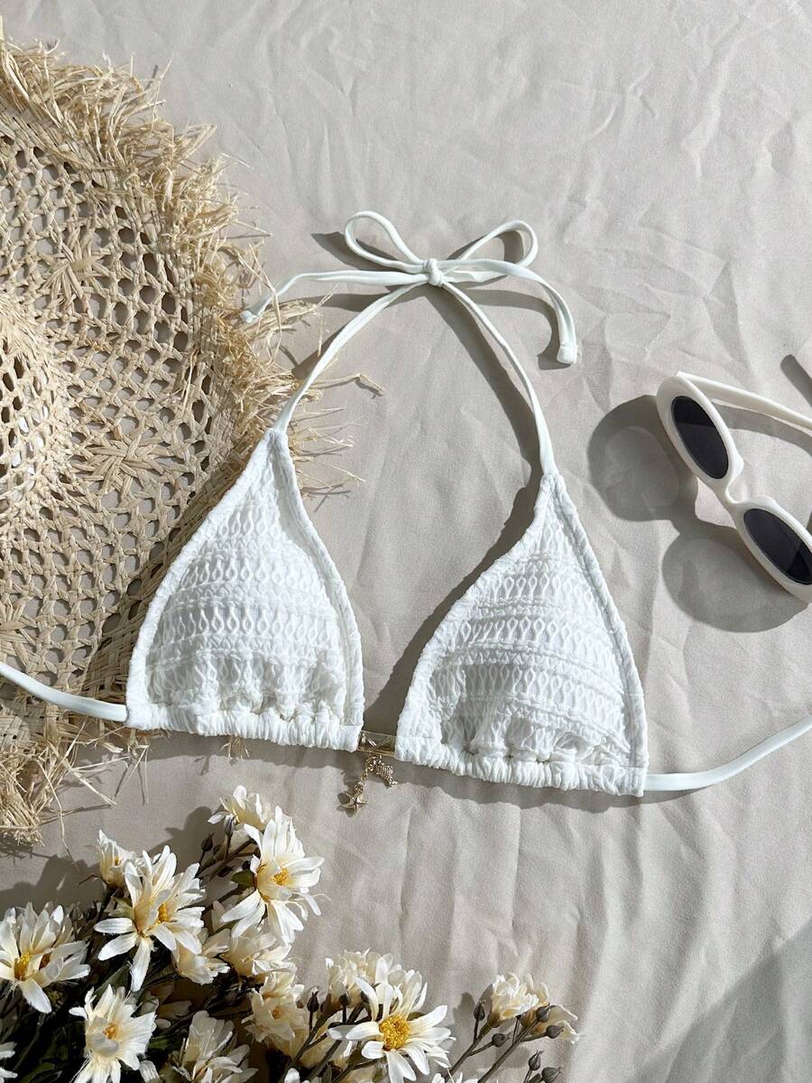 Swim Mod 1件可爱女童针织提花挂脖系带金属装饰泳衣比基尼上衣，夏季假日白色钩针比基尼上衣三角比基尼上衣钩针泳衣上衣白色比基尼上衣贝壳吊坠比基尼夏季海滩度假 - 米色 - 查看 1