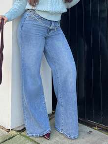 NegzBox 女裝寬鬆V字低腰寬腿牛仔褲帶口袋 - 中等水洗藍 - 查看 5