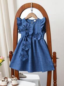 Young Girl Blue Fashionable Sleeveless Round Neck 5-Petal 3D Flower Collar Droplet Dress - Blue - View 4