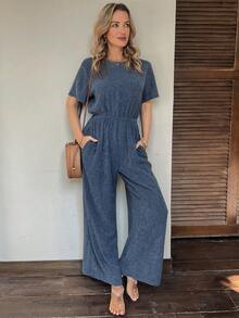 Vivie Lora 女士褶皱纹理宽松阔腿连体裤 春夏款 - 藍色 - 查看 1