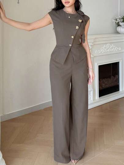 Modelyn طقم أنيق من سترة بأكمام غير متماثلة مع زخرفة يدوية ثلاثية الأبعاد على شكل زهور وبنطلون واسع الساق للتنقل الراقي