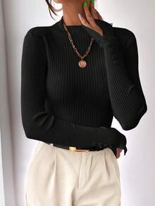 BizChic 女士纯色立领修身长袖针织衫，百搭都市通勤装，简约优雅商务休闲办公服饰