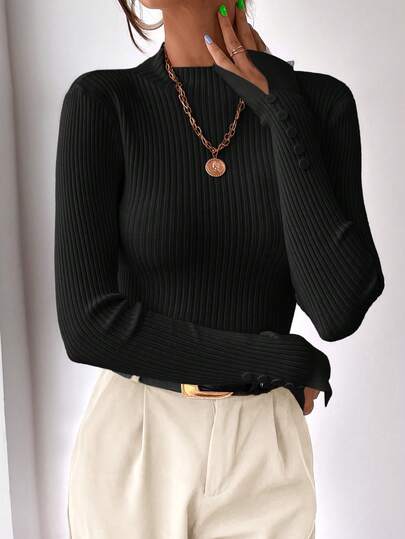 BizChic 女士纯色立领修身长袖针织衫，百搭都市通勤装，简约优雅商务休闲办公服饰