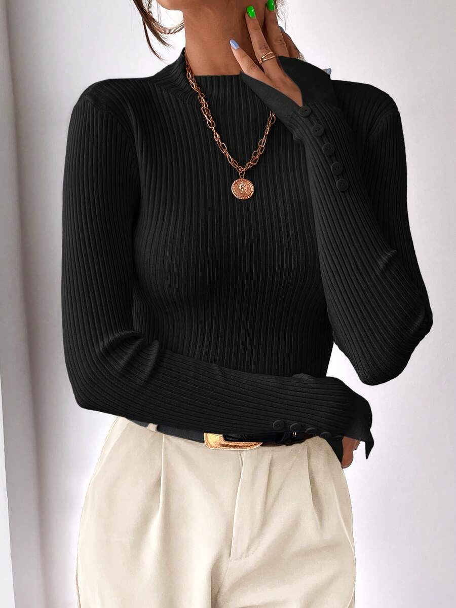 BizChic 女士纯色立领修身长袖针织衫，百搭都市通勤装，简约优雅商务休闲办公服饰