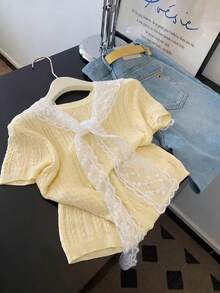 SHEIN LUNE 2026 Plus Size Women's Fashion Casual Simple Versatile Short-Sleeve Round Neck Lace Yellow Sweater Perfect For Everyday Wear - Yellow - View 4