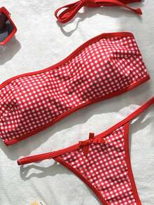 Swim Mod Conjunto de bikini de mujer con estampado aleatorio a cuadros, con escote halter y lazo, para primavera/verano - Multicolor - Ver 5