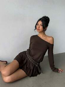 Aloruh Women's Solid Color Asymmetric Shoulder Ruffle Hem Mini Dress, Autumn - Brown - View 5