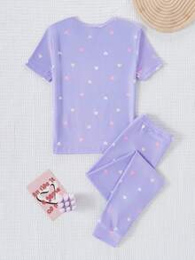 Conjunto de pijama informal y lindo para niñas con top de manga corta con estampado de corazón y leggings - Azul - Ver 2