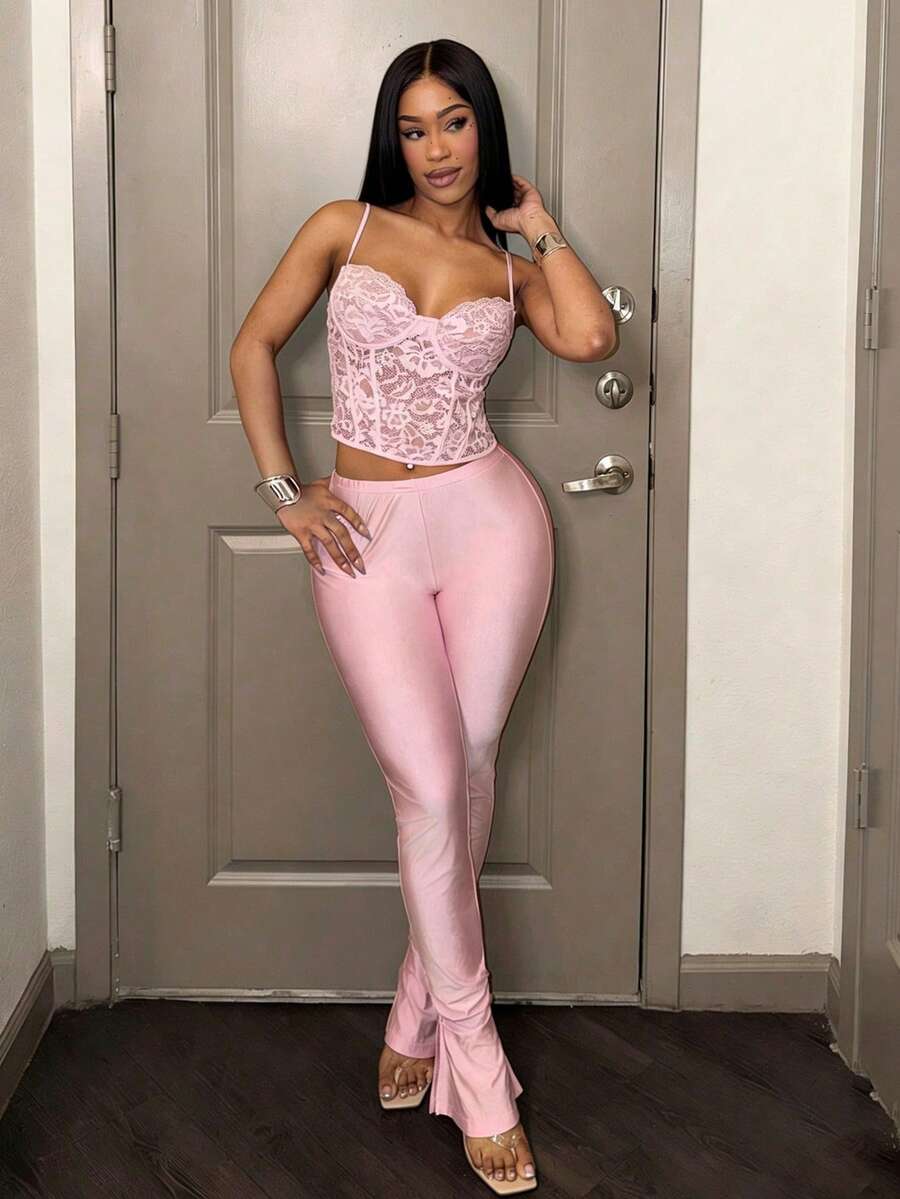 Slaydiva New Elegant Sexy Party Birthday Valentine's Night Club Cocktail Vacation Lace Cup Waist Cincher Camisole Top And Flared Slit Tight Pants 2 Pieces Set - Pink 2 Piece Pants Set Pink Matching Set Pink Birthday Outfit Women Pink 2 Piece Set - Pink - View 1