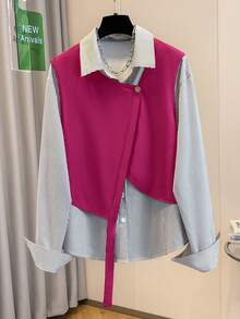 GlowEve Women's Casual Striped Print 2 In 1 Shirt, Suitable For Daily Wear And Commuting, Spring/Autumn - Hot Pink - View 3