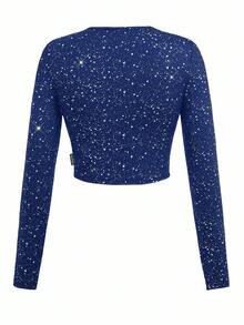 Y2Kool 女士金属银箔波点印花修身长袖T恤，适合派对、万圣节、Y2K街头风、秋冬休闲时尚服饰系列、新年装扮、辣妹风印花上衣、黑色上衣 - 藍色 - 查看 2