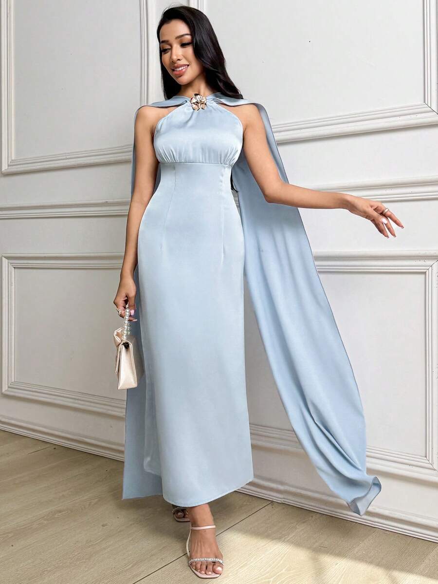 Modelyn 新款优雅缎面金属纽扣装饰飘逸长袖轻盈正式连衣裙 - 淺藍色 - 查看 1
