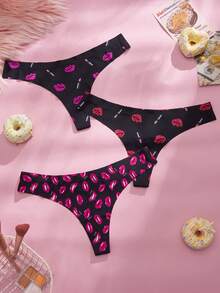 Eraneu 3pcs/Pack Women's Sexy Red Lip Print Thong Panties Ladies Panties Sexy Thongs For Women Lips Print Thong Cute Panties - Multicolor - View 1