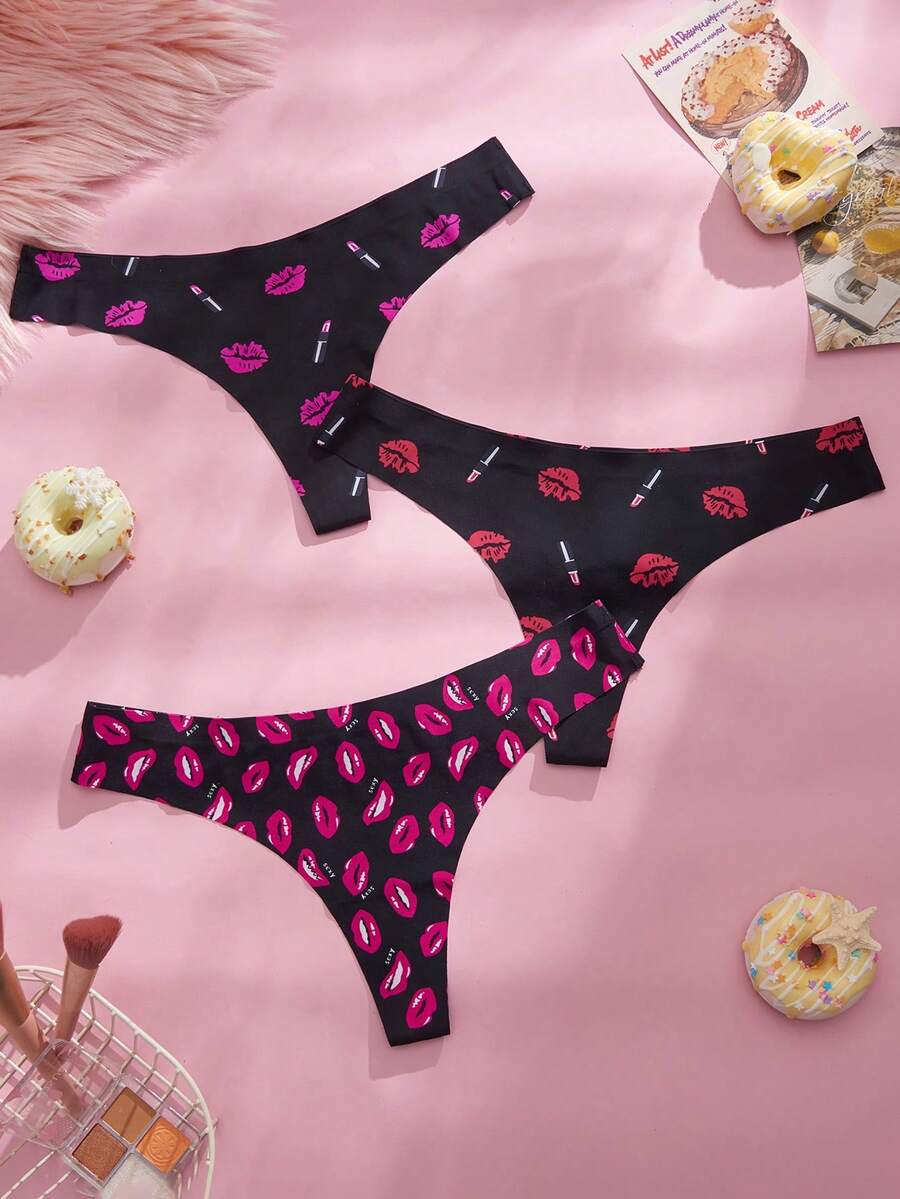 Eraneu 3pcs/Pack Women's Sexy Red Lip Print Thong Panties Ladies Panties Sexy Thongs For Women Lips Print Thong Cute Panties - Multicolor - View 1