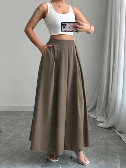 Rafferiza Tall Women's Solid Color Pleated Pocket Casual Versatile Date Outing A-Line Skirt