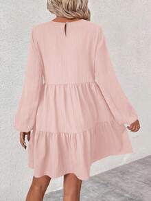 EMERY ROSE Solid Color Round Neck Long Sleeve Loose Casual Dress - Pink - View 2