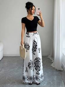 SHEIN Elenzya 女士复古印花宽松阔腿裤 - 白色 - 查看 1