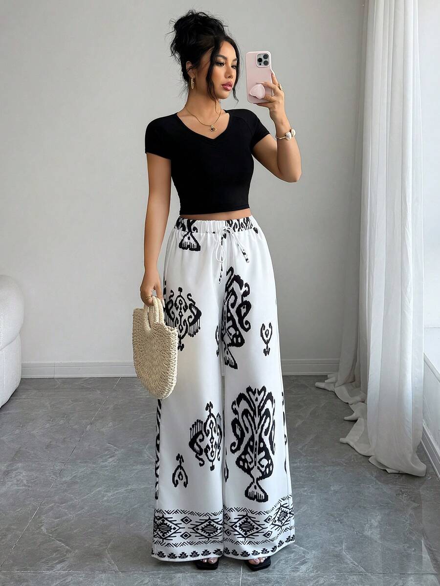 SHEIN Elenzya 女士复古印花宽松阔腿裤 - 白色 - 查看 1