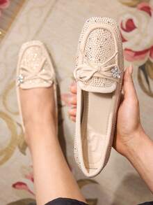 CUCCOO TILAWA Women's Rhinestone Bow Decor Fashion Versatile Shoes Valentine's Day - Apricot - View 1