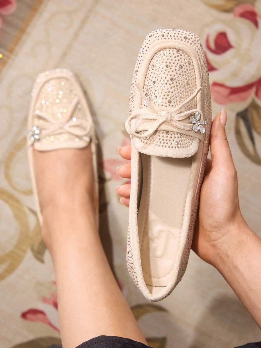 CUCCOO TILAWA Women's Rhinestone Bow Decor Fashion Versatile Shoes Valentine's Day - Apricot - View 1