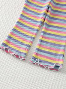 Cozy Pixies 2件套女婴/幼儿女童花卉刺绣柔软针织紫色短袖上衣和粉色彩色条纹弹力腰喇叭裤套装 - 彩色 - 查看 8